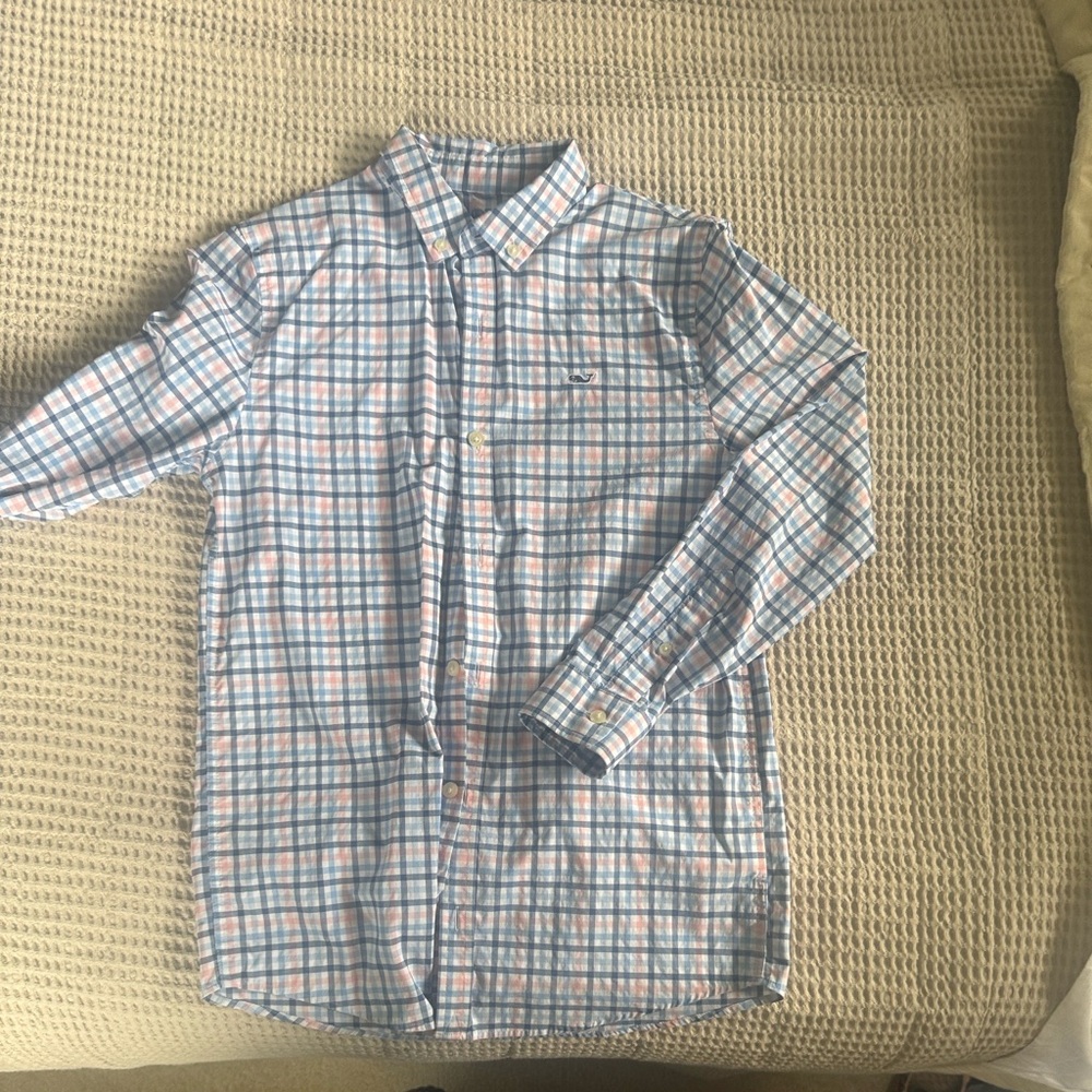 Boys…. Blue & Pink Plaid Button-Up Shirt - Casual Cotton Blend